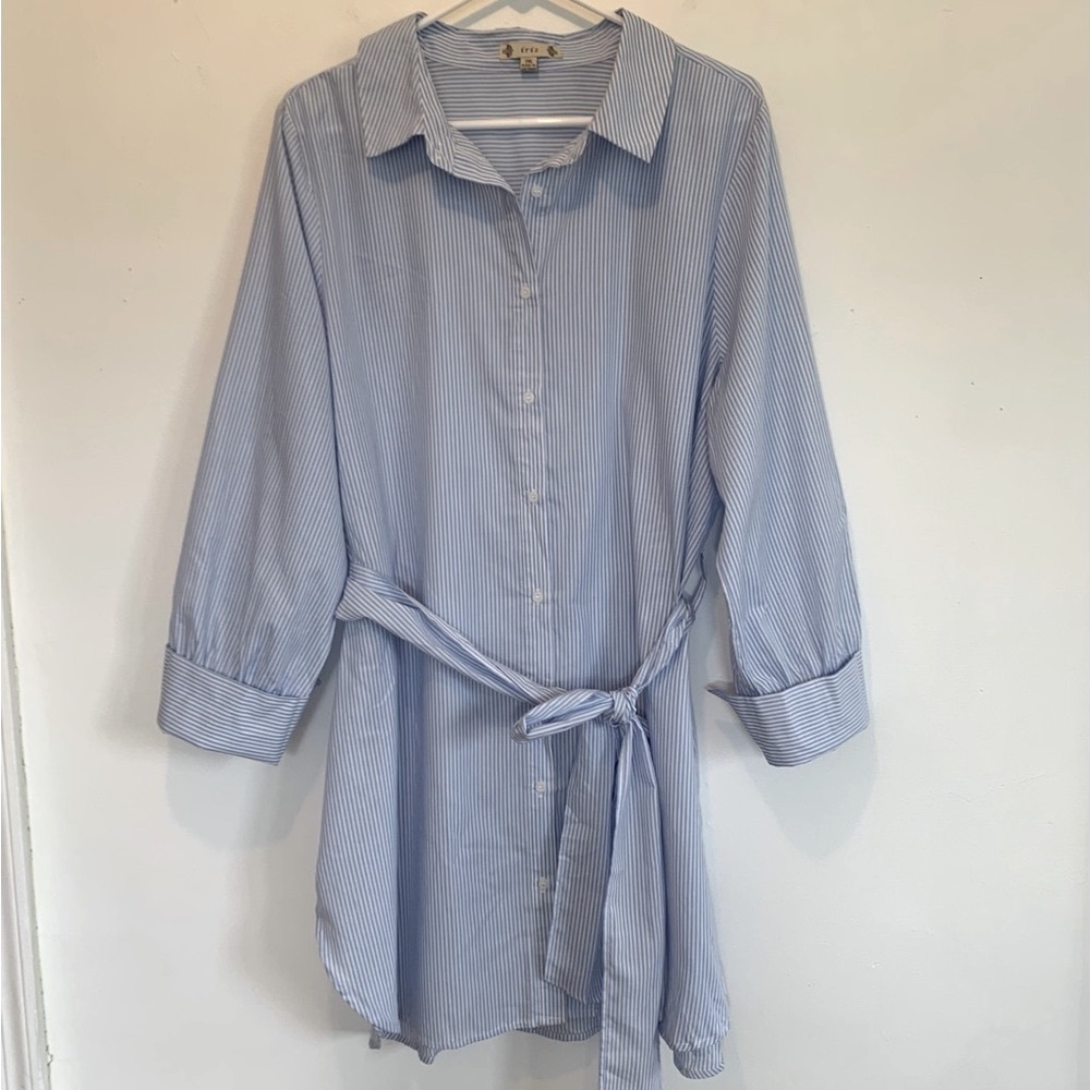 Iris Belted Tunic Shirt Dress 2X Blue & White Stripe
